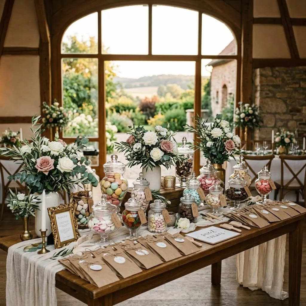 Dekorierte Candy Bar mit Süßigkeiten für eine Hochzeit