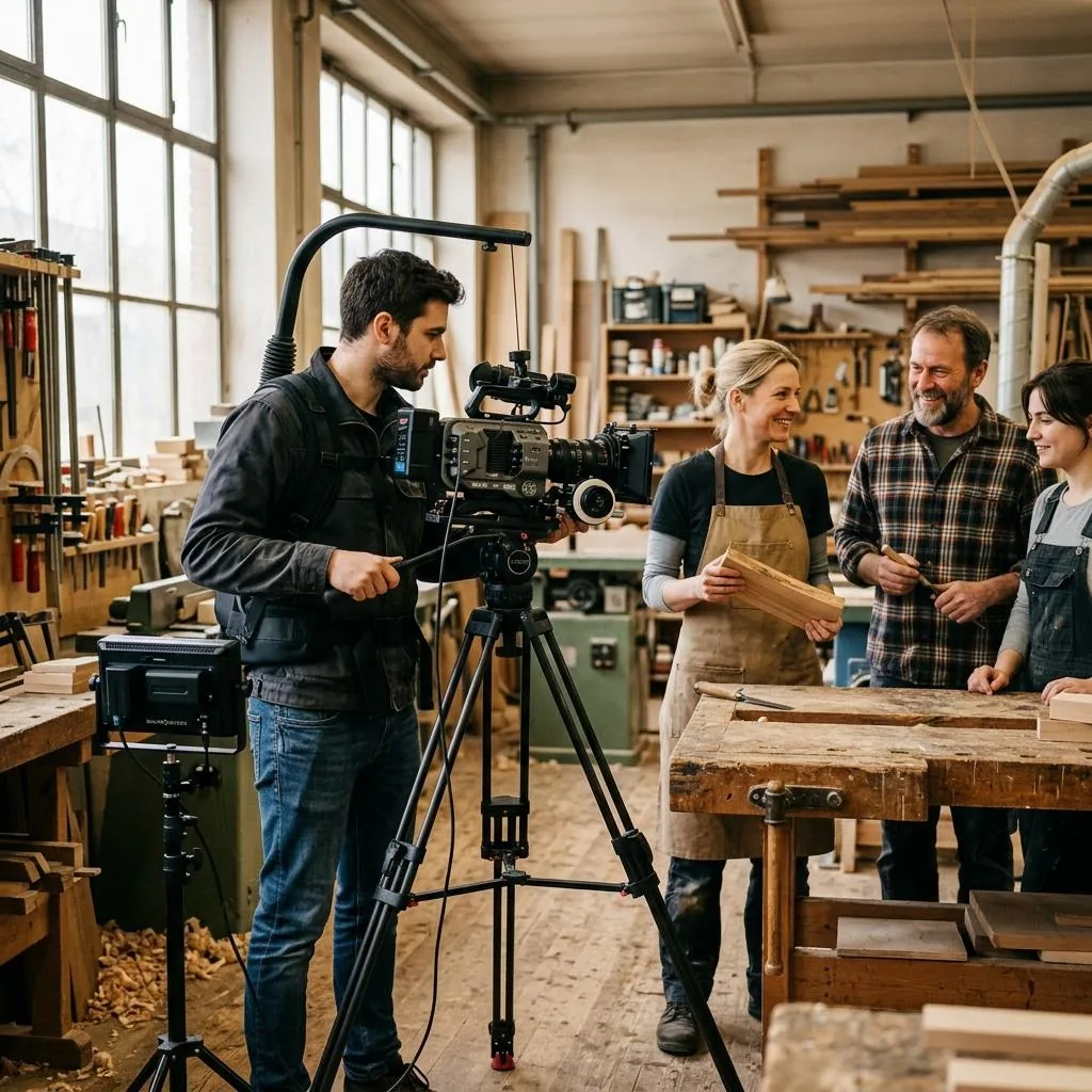 Videograf filmt ein Team bei der Arbeit in einer Werkstatt