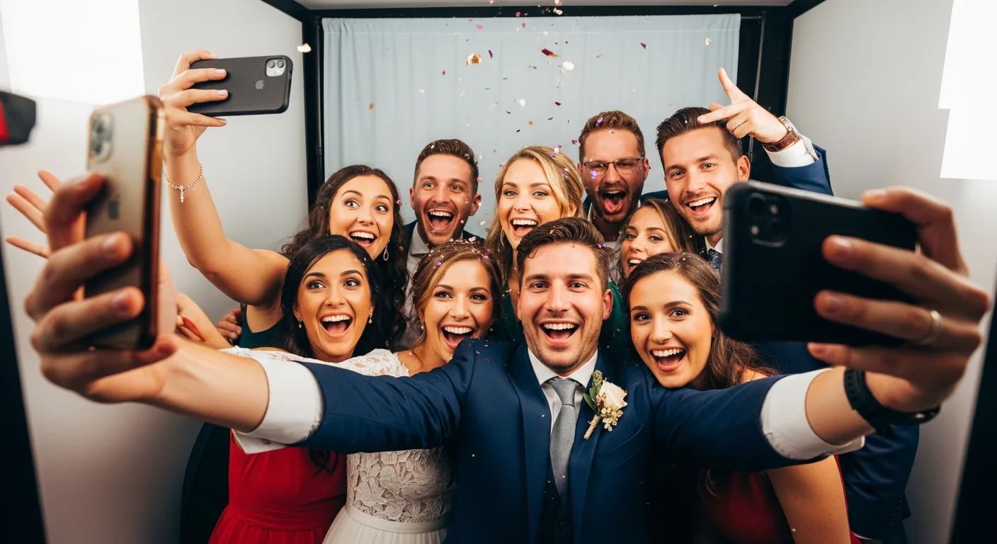 Gäste fotografieren sich gemeinsam an einer Fotobox
